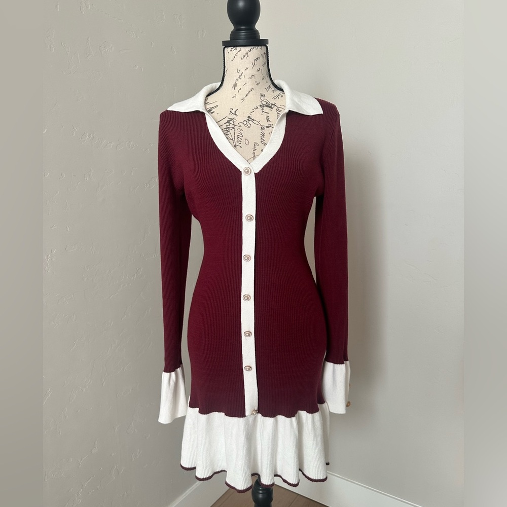 RHIOAS Knit Burgundy and White Button-Down Dress